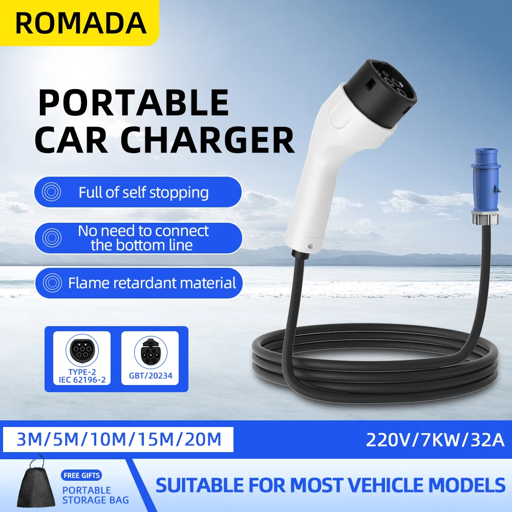 Portable Ev Charger 32A Type 2 Cee Plug - Romada type2 IEC62196-2 para veículo elétrico